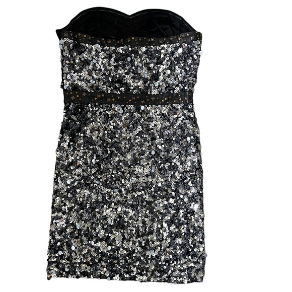 New Free People Gunmetal Black & Grey Sequins & Leather Strapless Mini Dress - Picture 12 of 15